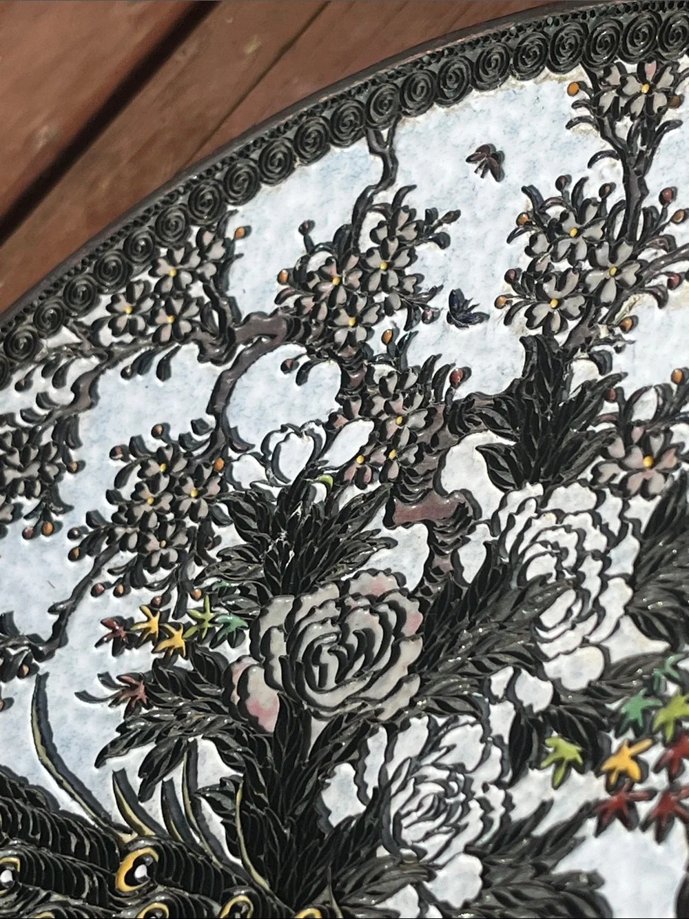 Metal scroll work Cloisonne plate bird and floral Design